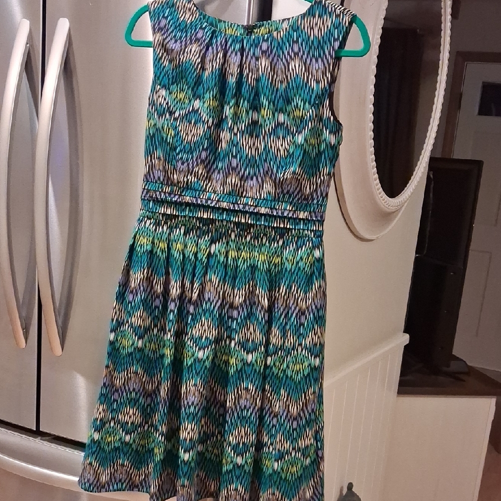 Ellen Tracy Dress with Blue and Green Design. No Size Tag Measurements Below.